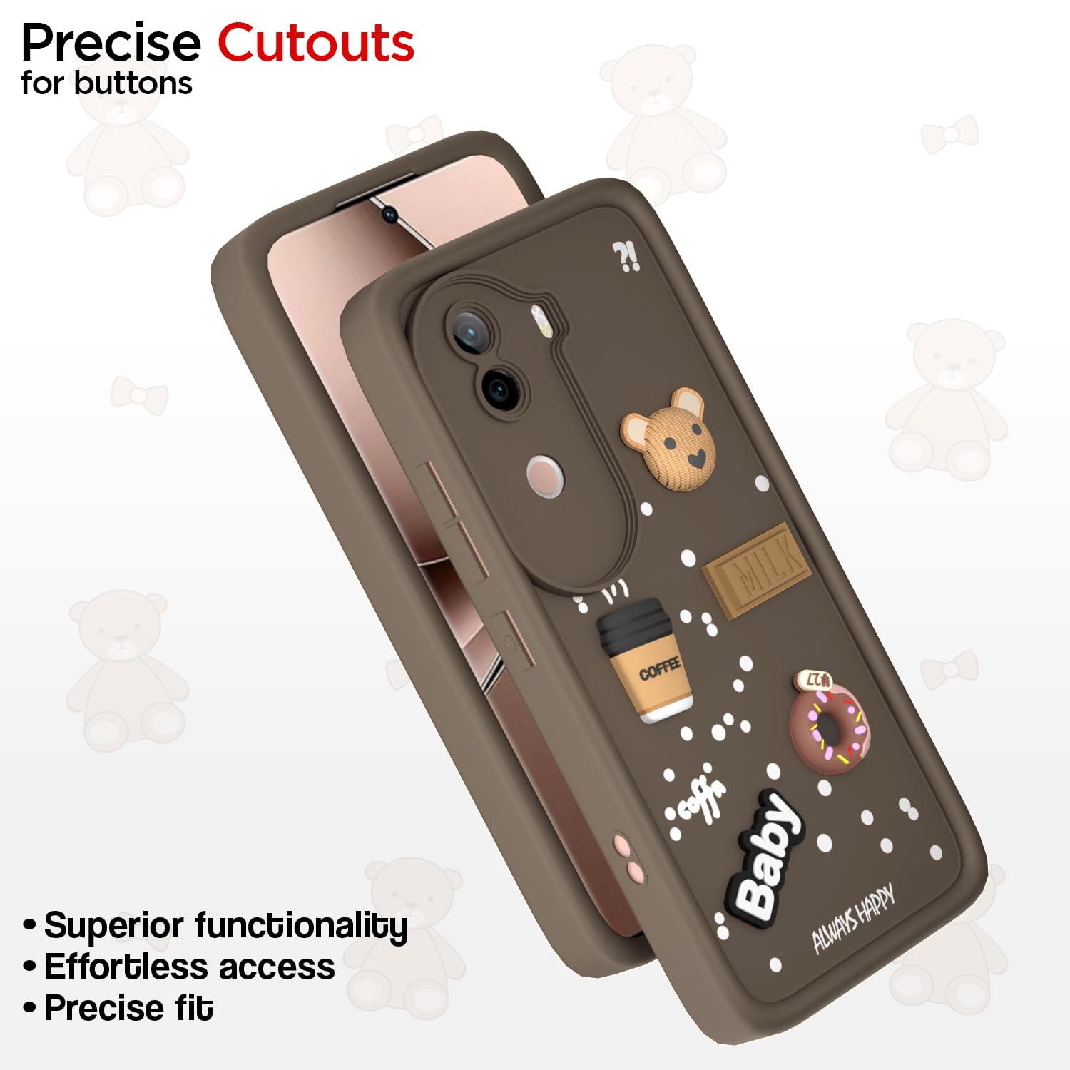 Pikkme iQoo Z9s 5G / Vivo V40e 5G Cute Fun Cartoon 3D Bear Coffee Back Cover (Brown)