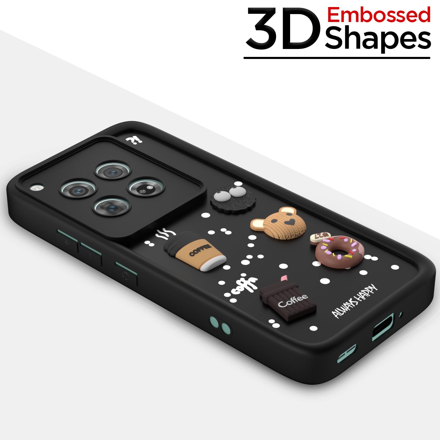 Pikkme OnePlus 12 5G Cute Fun Cartoon 3D Bear Coffee Back Cover (Black)