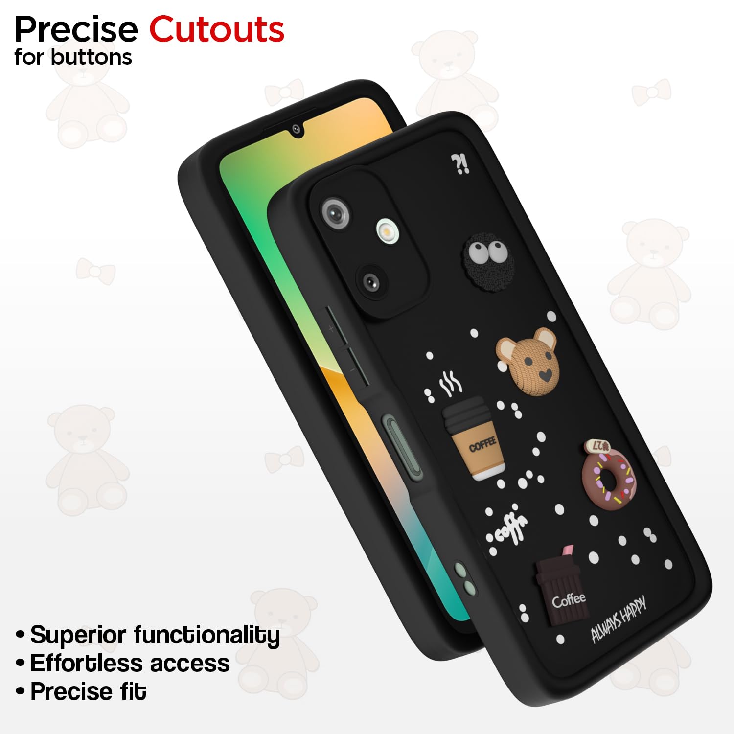 Pikkme Samsung Galaxy F06 5G / M06 5G Cute Fun Cartoon 3D Bear Coffee Back Cover (Black)