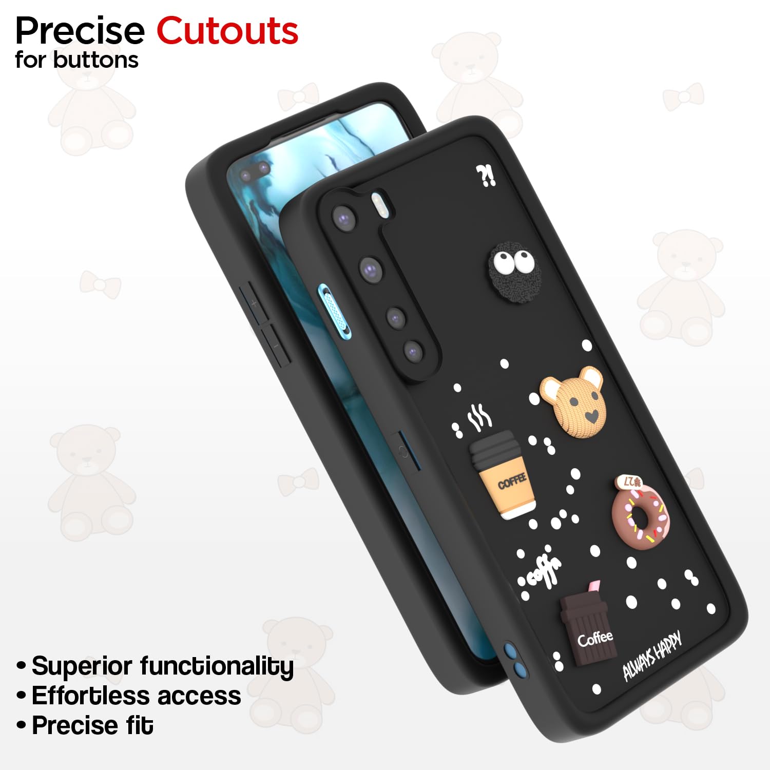 Pikkme Oneplus Nord (2020) Cute Fun Cartoon 3D Bear Coffee Back Cover (Black)