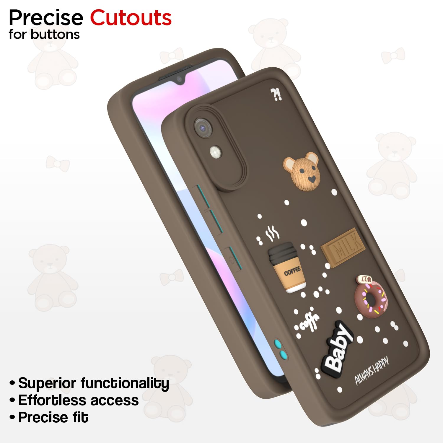 Pikkme Redmi 9A / 9i / 9A Sport Cute Fun Cartoon 3D Bear Coffee Back Cover (Brown)