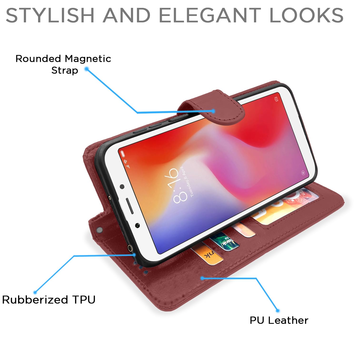 Redmi 6 Wallet flip cover in brown by Pikkme – photo 3