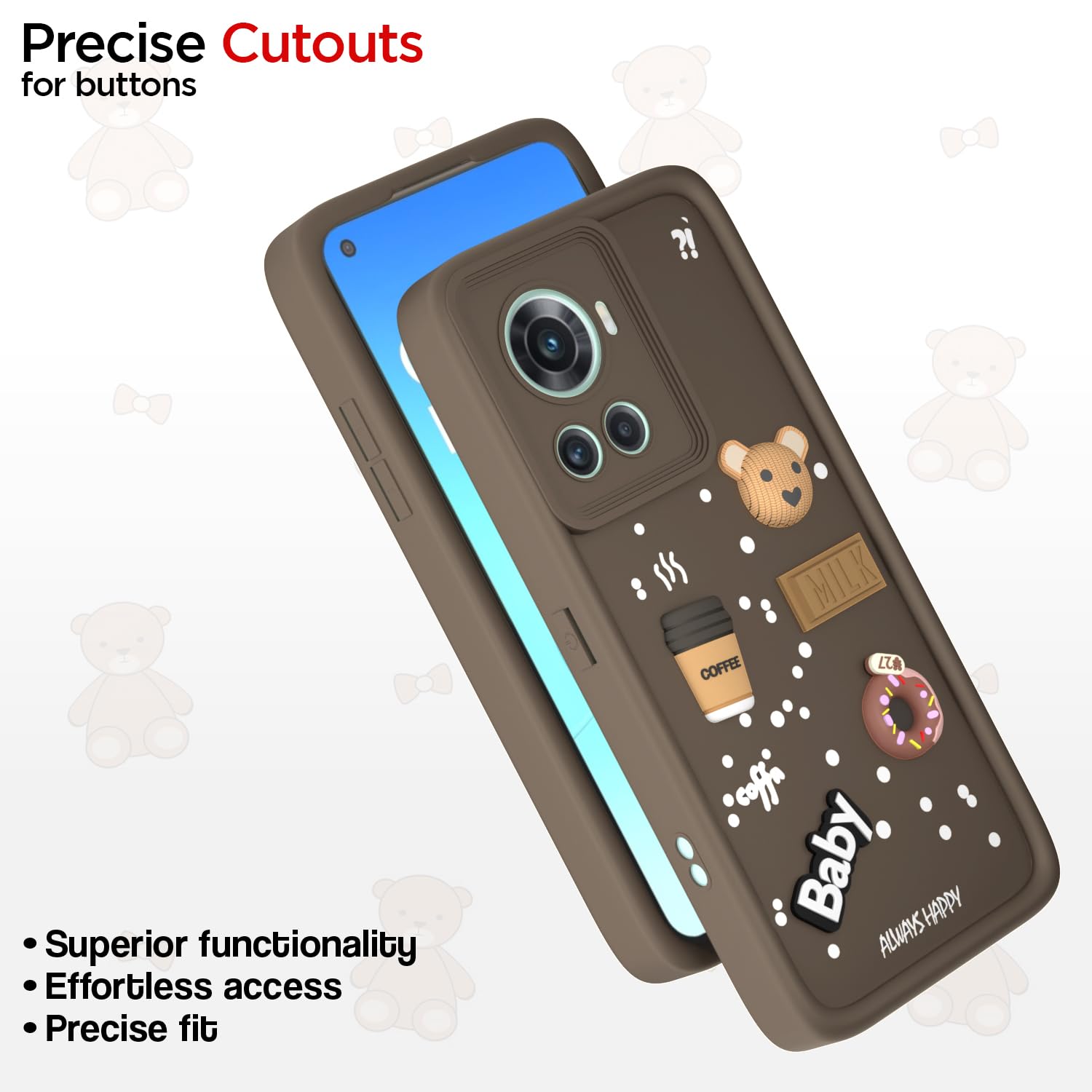 Pikkme OnePlus 10R 5G Cute Fun Cartoon 3D Bear Coffee Back Cover (Brown)
