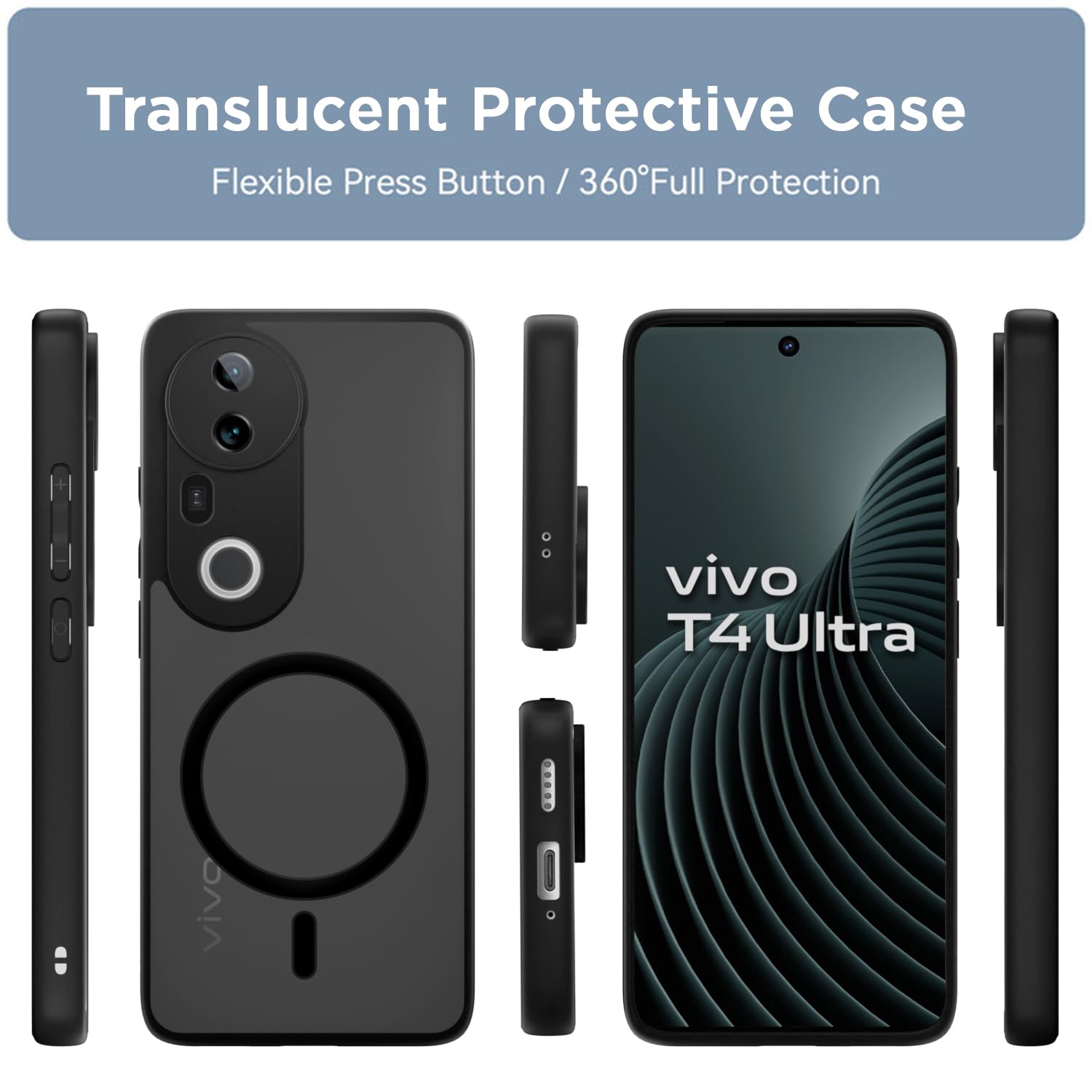 Pikkme Vivo T4 Ultra 5G Eagle 2 Mag-Safe Smoke Shockproof Hard Transparent Back Cover (Black)