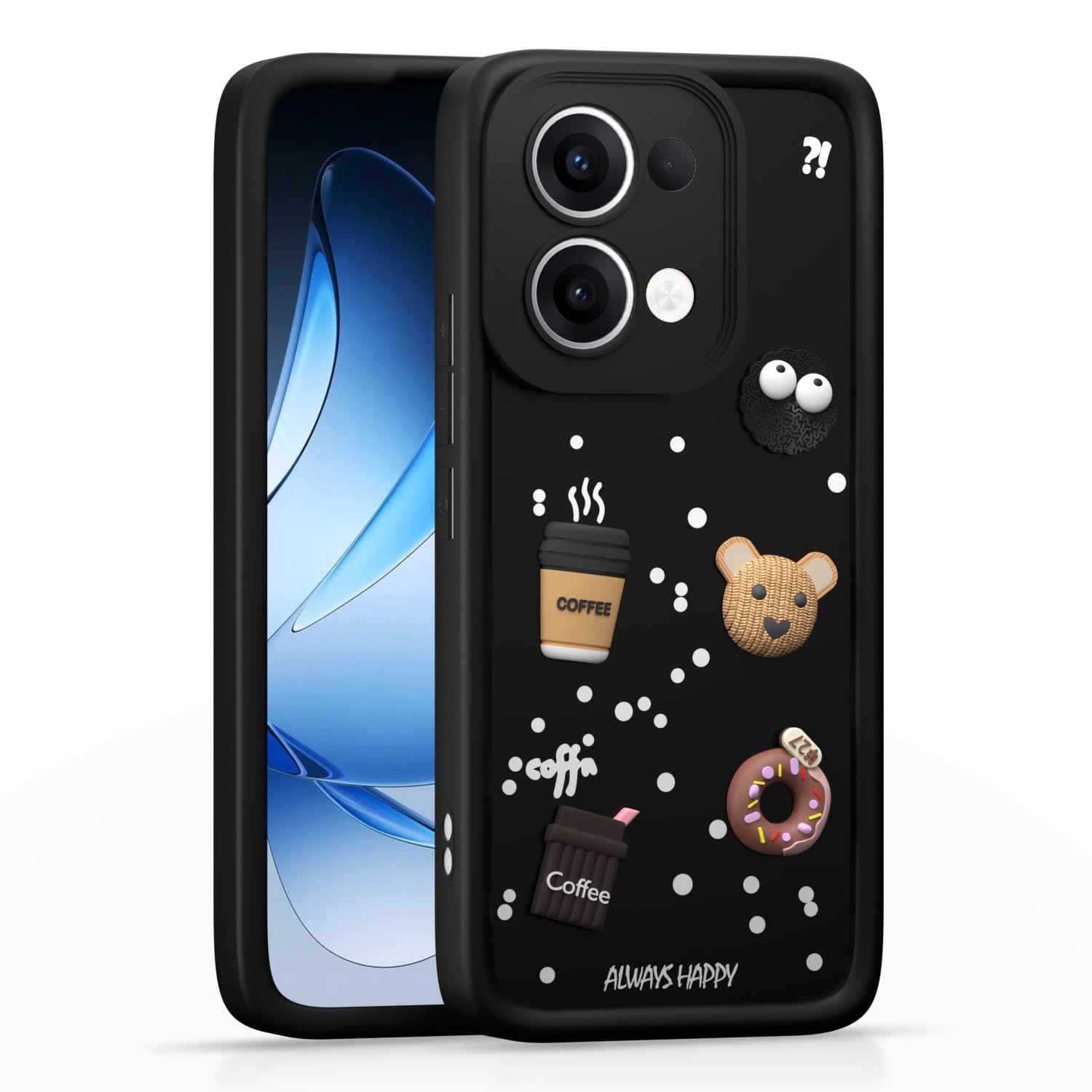 Pikkme Oppo Reno 13 5G Cute Fun Cartoon 3D Bear Coffee Back Cover (Black)