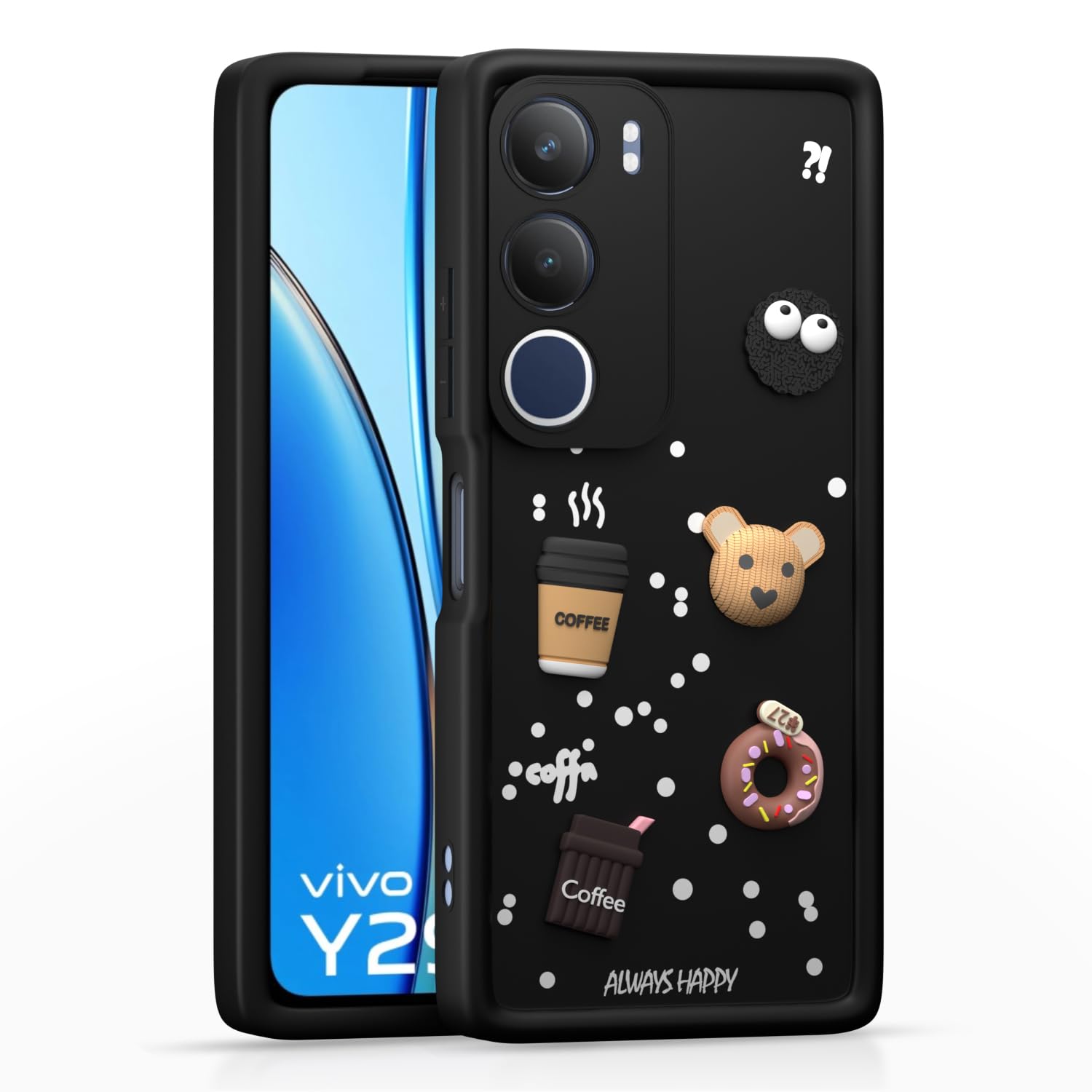 Pikkme Vivo Y29 5G / Vivo Y19s 5G Cute Fun Cartoon 3D Bear Coffee Back Cover (Black)