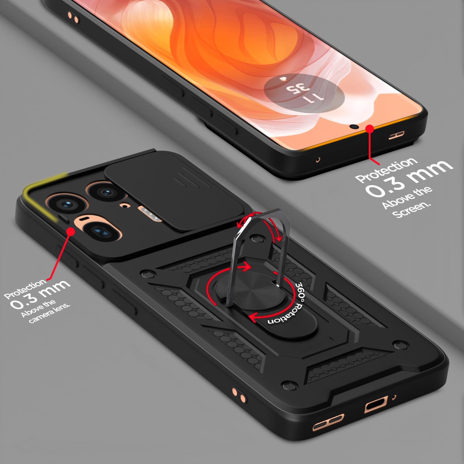 Pikkme Motorola Moto Edge 50 Ultra 5G Sliding Camera Shield & Stand D10 Tough Armor Back Cover (Black)