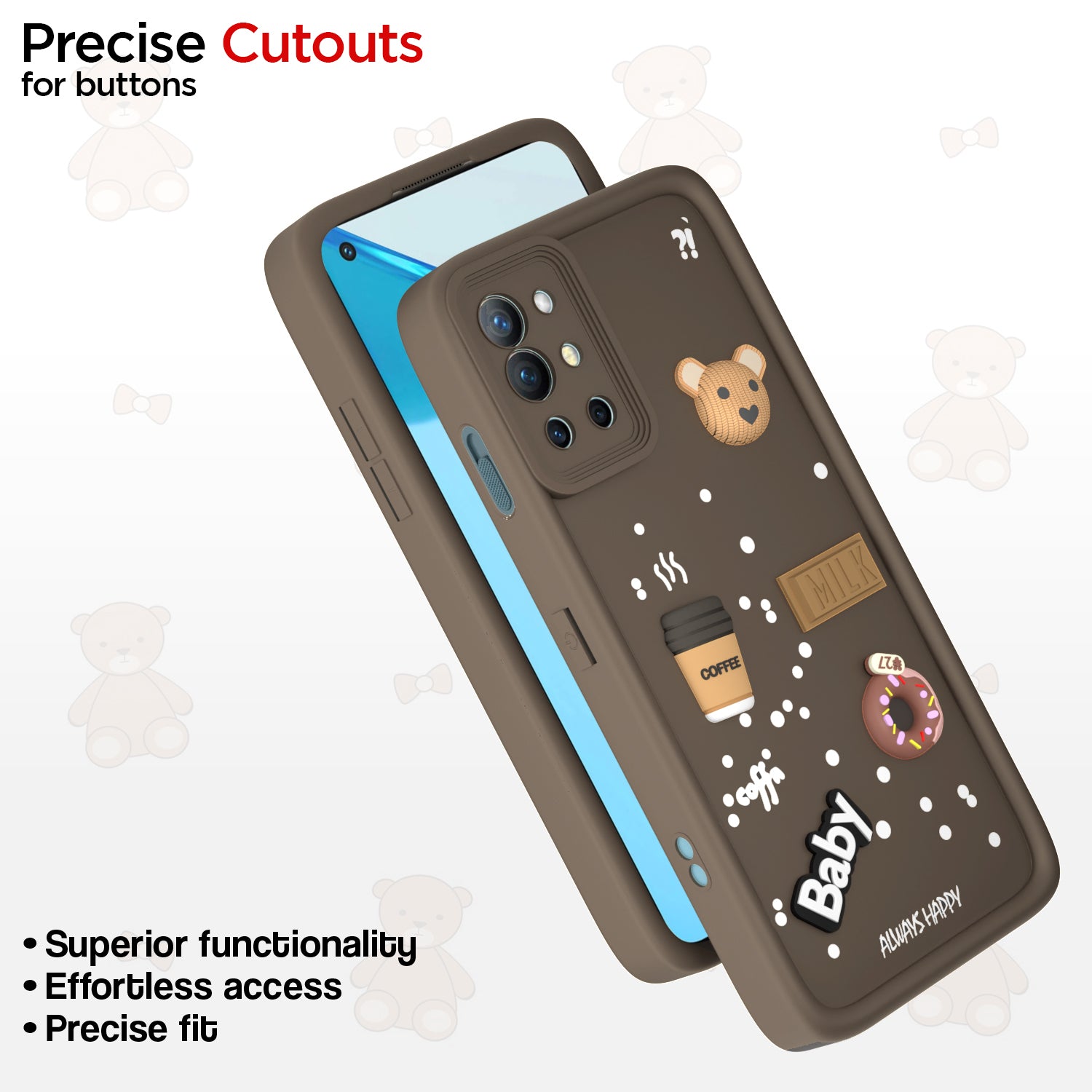 Pikkme OnePlus 9R 5G Cute Fun Cartoon 3D Bear Coffee Back Cover (Brown)