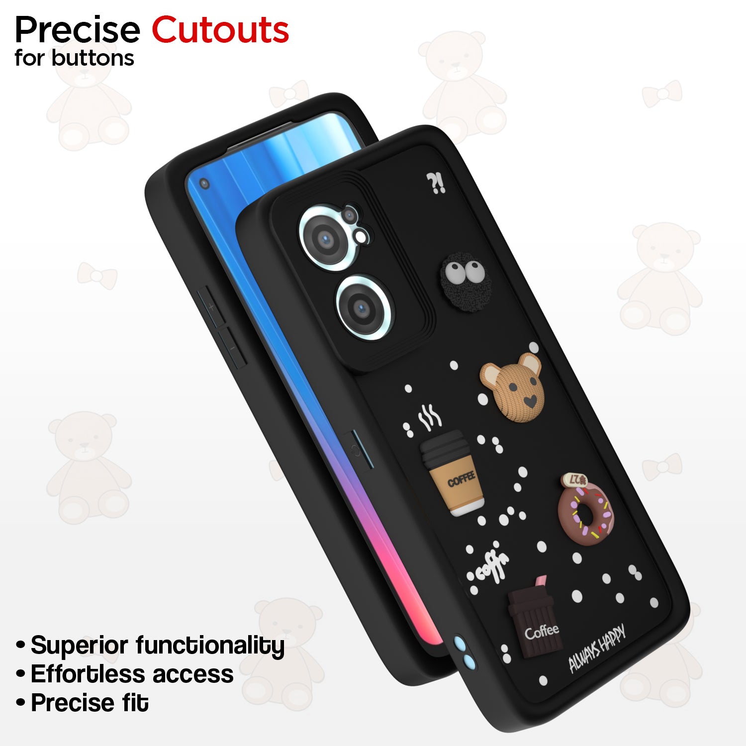Pikkme Oneplus Nord Ce 2 5G Cute Fun Cartoon 3D Bear Coffee Back Cover (Black)