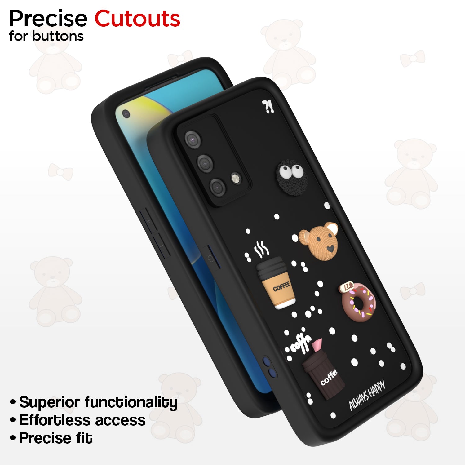 Pikkme Oppo A74 5G Cute Fun Cartoon 3D Bear Coffee Back Cover (Black)