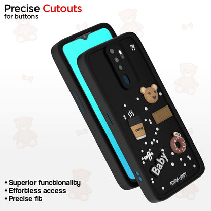Pikkme Oppo A5 2020 / A9 2020 Cute Fun Cartoon 3D Bear Coffee Back Cover (Black)