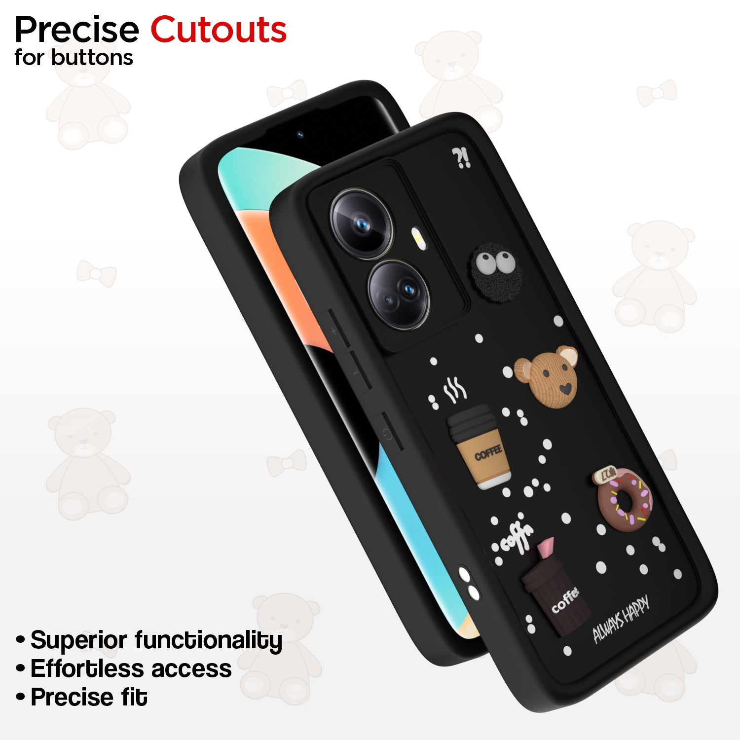 Pikkme Realme 10 Pro Plus 5G Cute Fun Cartoon 3D Bear Coffee Back Cover (Black)
