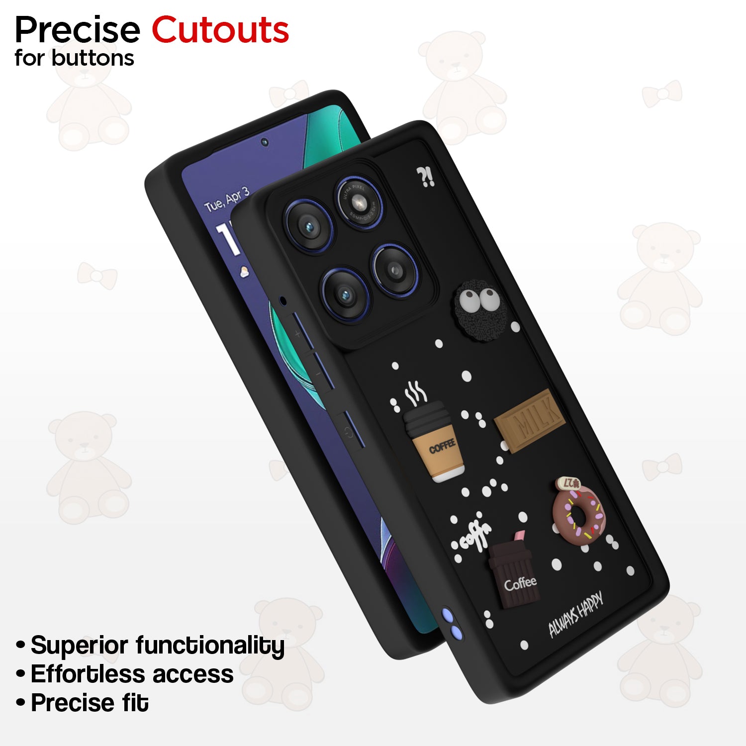 Pikkme Motorola Moto Edge 60 Stylus 5G Cute Fun Cartoon 3D Bear Coffee Back Cover (Black)