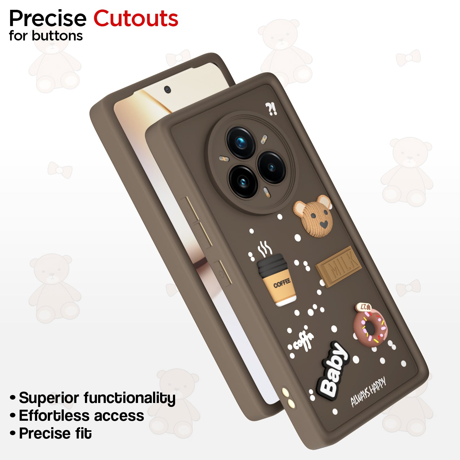 Pikkme Realme 14 Pro Plus 5G / Realme P3 Pro 5G Cute Fun Cartoon 3D Bear Coffee Back Cover (Brown)