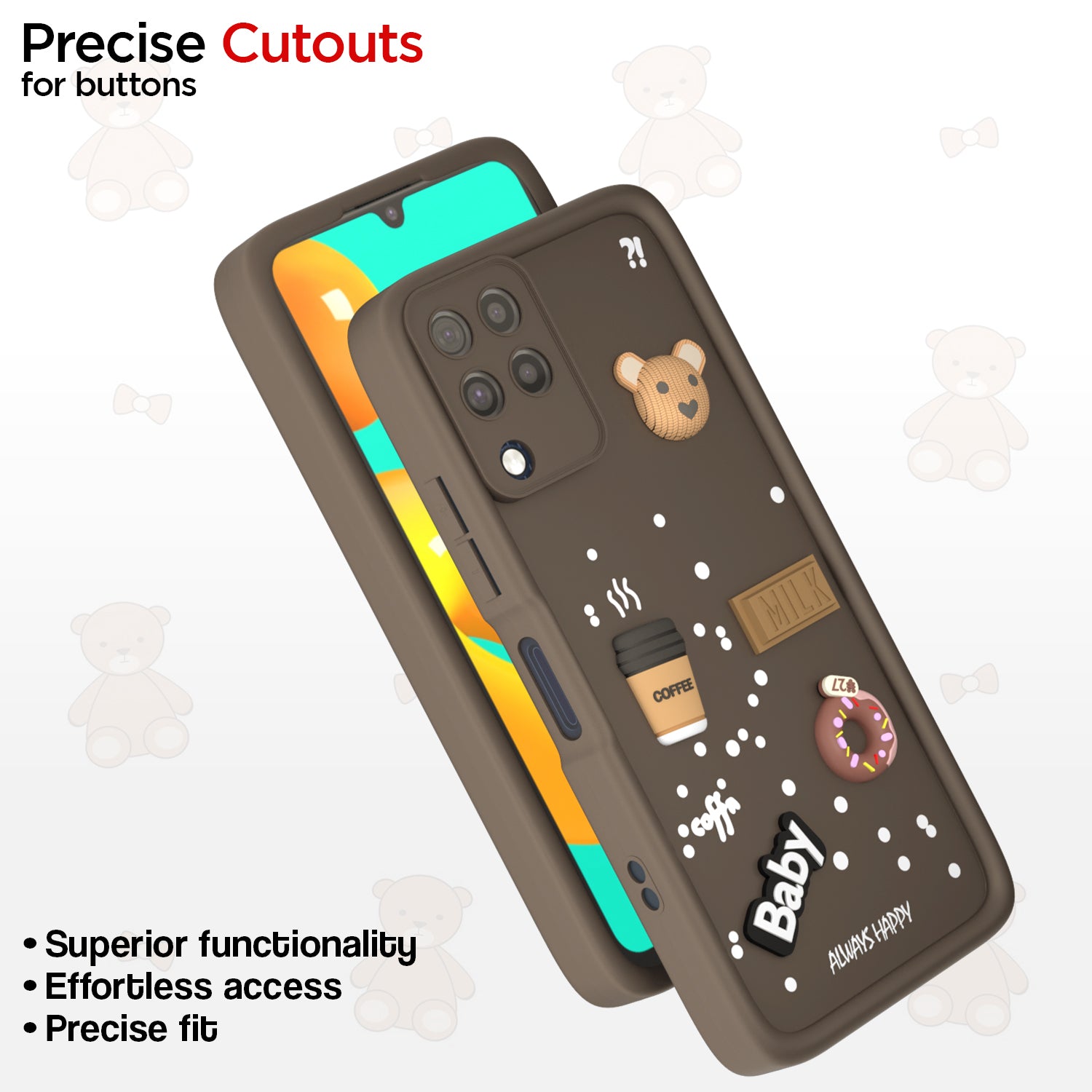 Pikkme Samsung Galaxy M32 4G / M32 Prime / F22 4G Cute Fun Cartoon 3D Bear Coffee Back Cover (Brown)