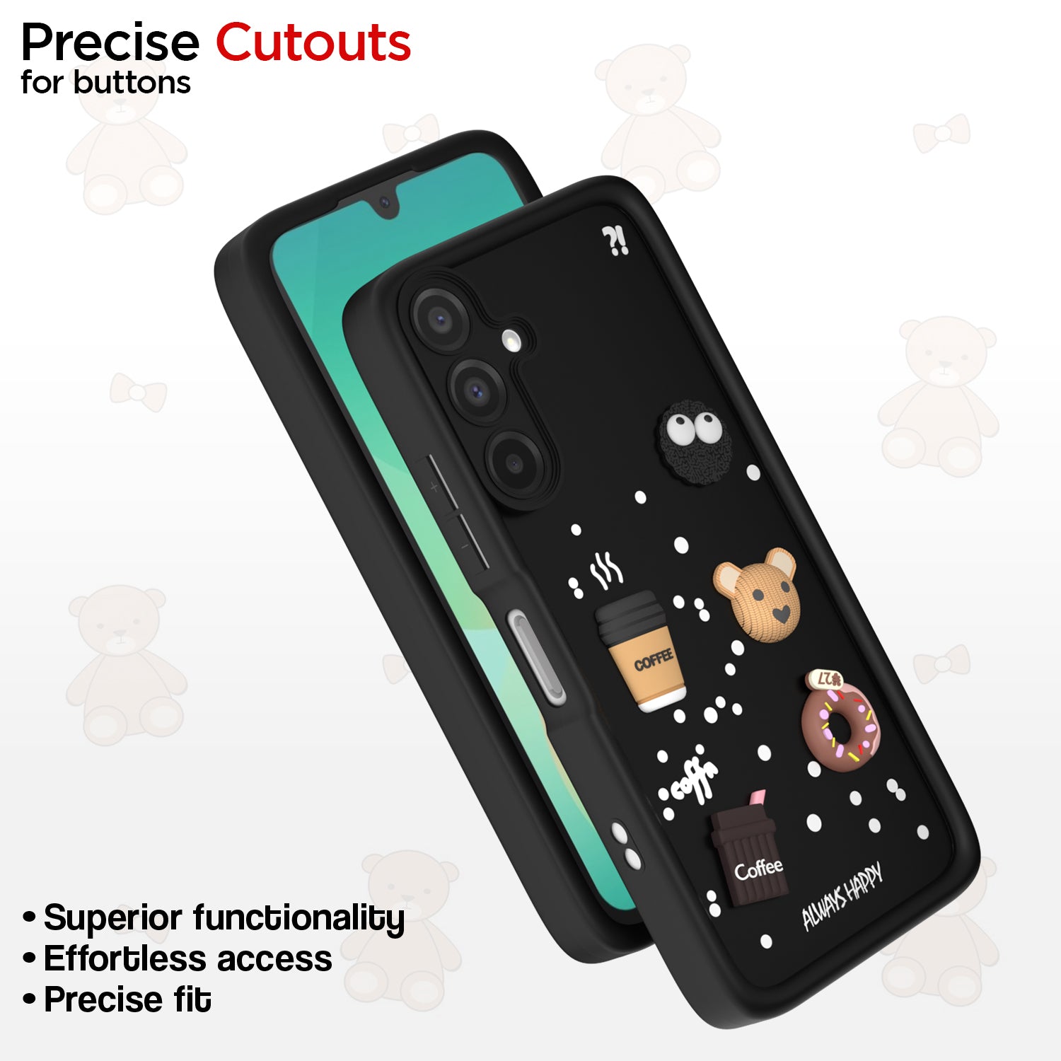 Pikkme Samsung Galaxy A26 5G Cute Fun Cartoon 3D Bear Coffee Back Cover (Black)