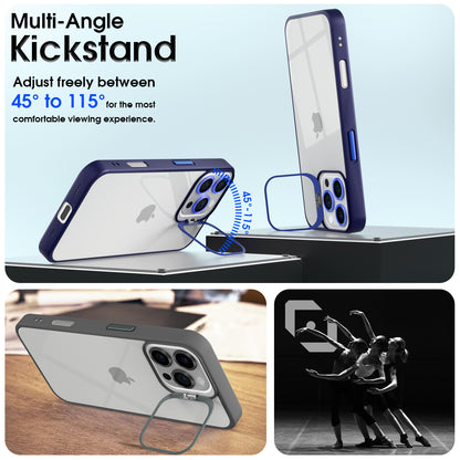 Pikkme iPhone 16 Pro Bracket Stand Case with Lens Camera Protection Rings Bumper case (Blue)