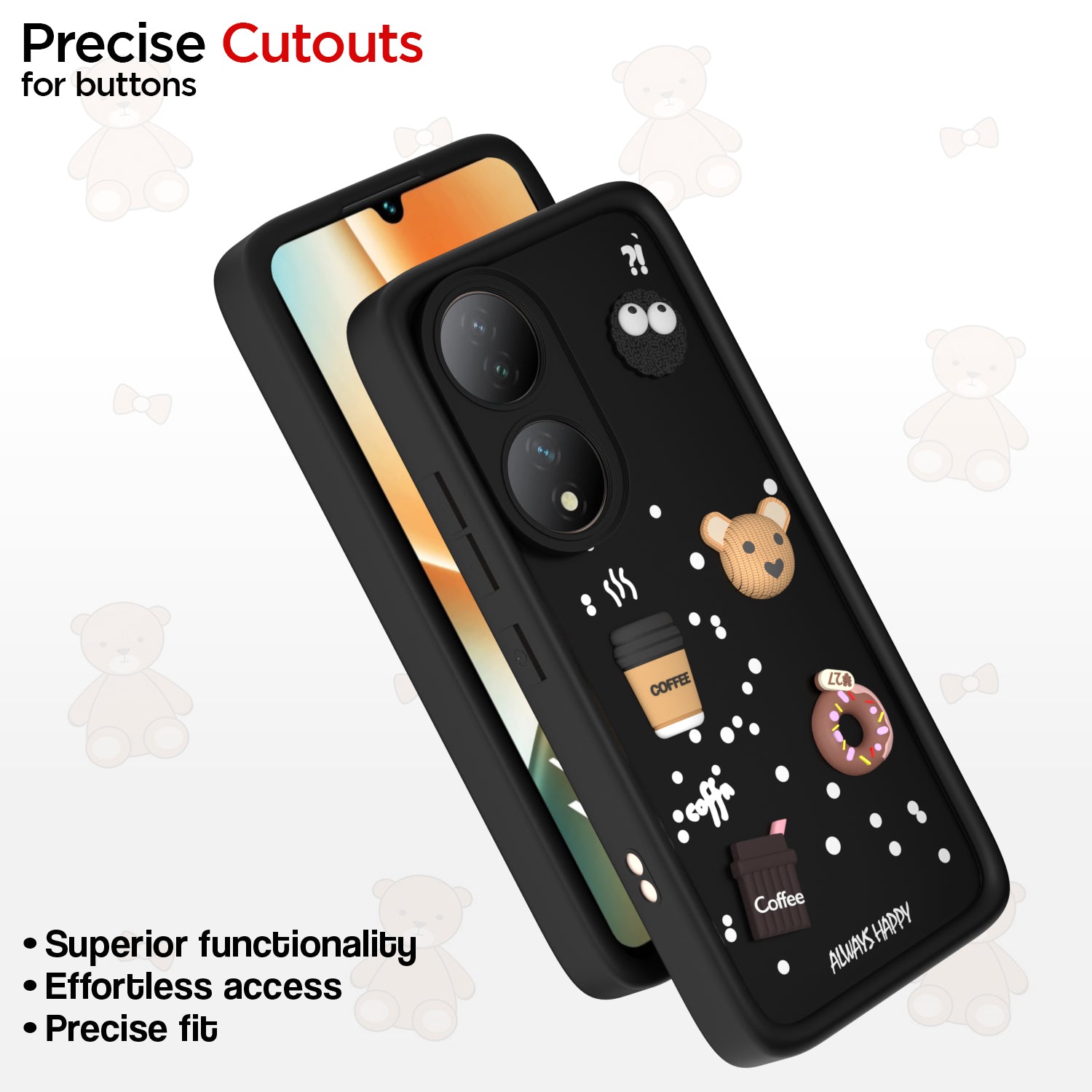 Pikkme Vivo Y100 5G Cute Fun Cartoon 3D Bear Coffee Back Cover (Black)