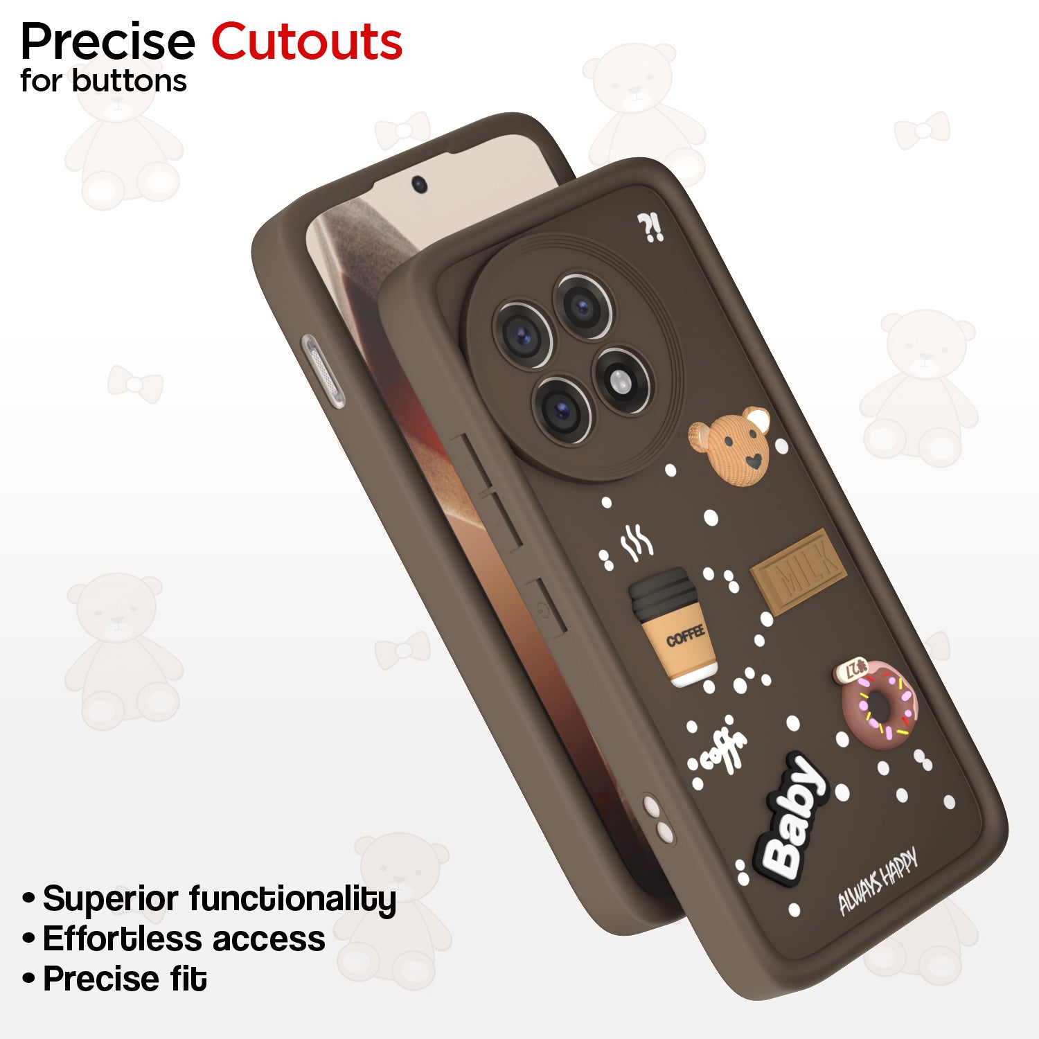 Pikkme OnePlus 13R 5G Cute Fun Cartoon 3D Bear Coffee Back Cover (Brown)