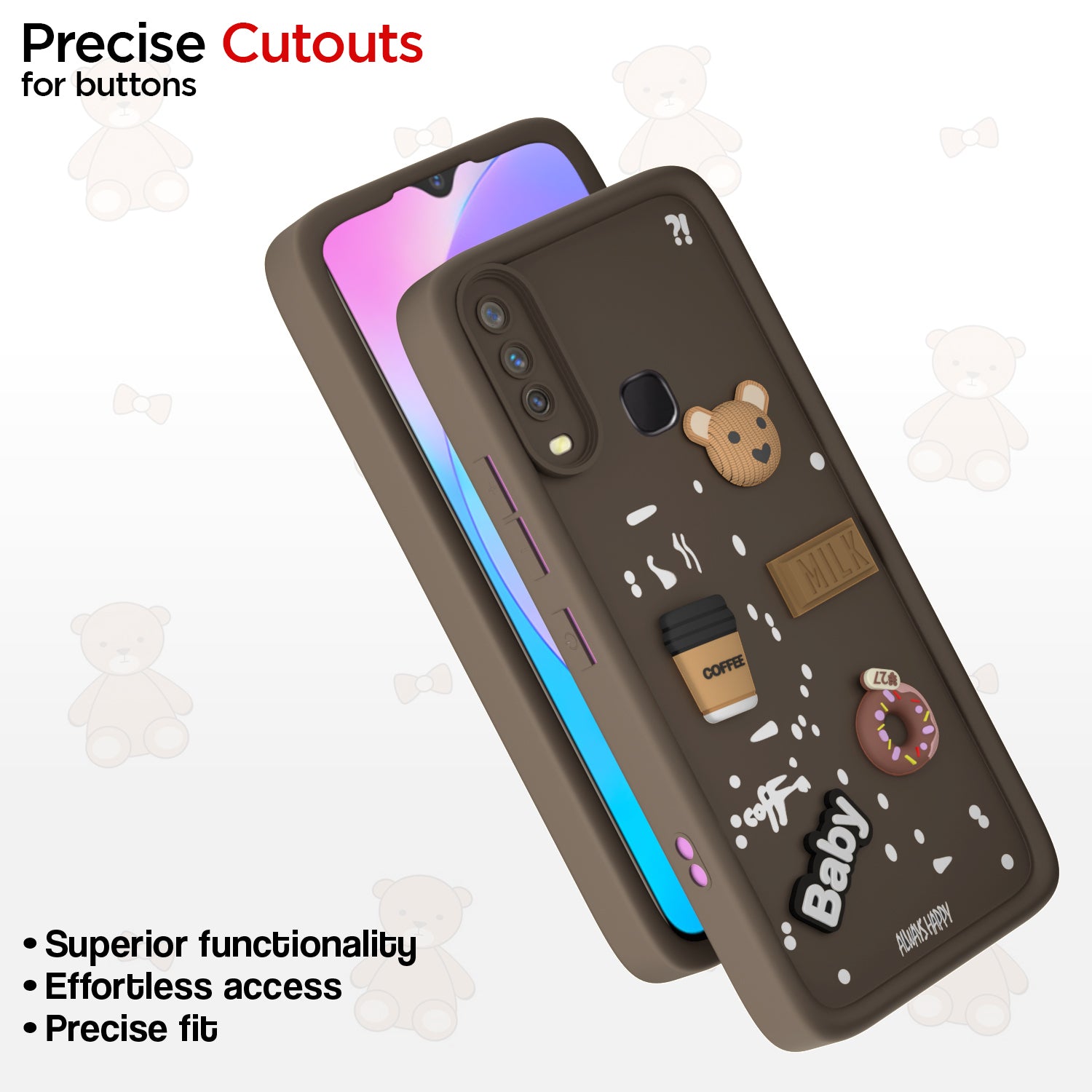 Pikkme Y12 / Y15 / Y17 / U10 Cute Fun Cartoon 3D Bear Coffee  Back Cover (Brown)