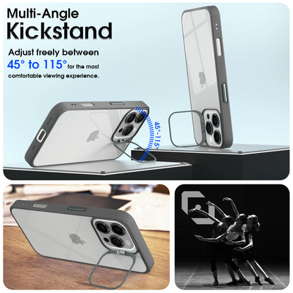 Pikkme iPhone 16 Pro Bracket Stand Case with Lens Camera Protection Rings Bumper case (Grey)