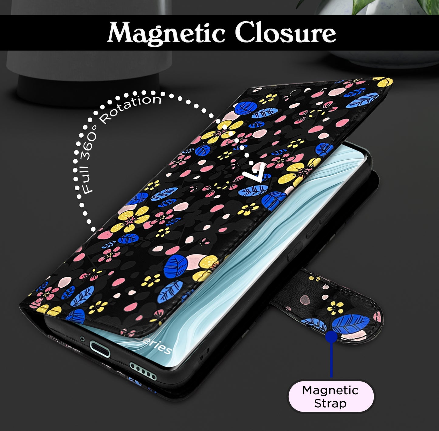 Pikkme Vivo V40 5G Flower Flip Cover (Black)