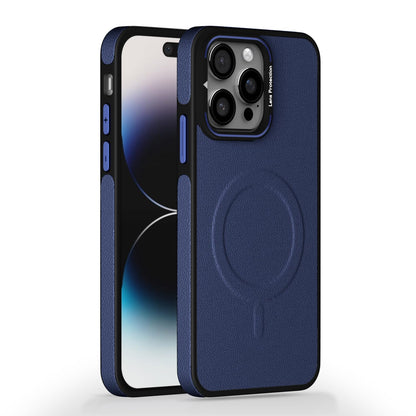 Pikkme iPhone 14 Pro Pu Leather with Metal Frame Lens Protection Bumper Case (Blue)