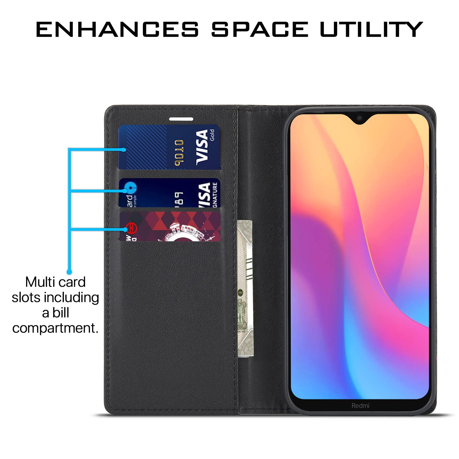 Redmi 8/8A Wallet wallet flip cover in black by Pikkme – photo 3