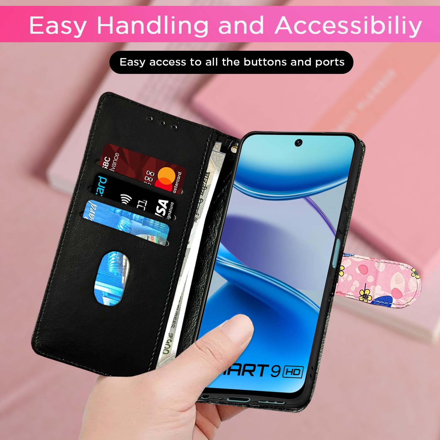 Infinix Smart 9 Wallet flip case in pink flower by Pikkme – photo 7