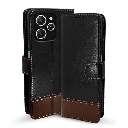 Redmi 12 4G Magnetic wallet flip cover in black & brown by Pikkme