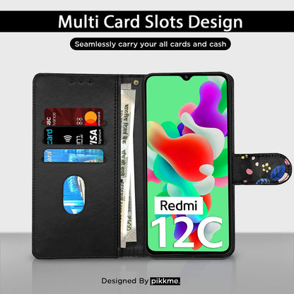 Redmi 12C/Poco C55 mobile flip cover in black flower by Pikkme – photo 2