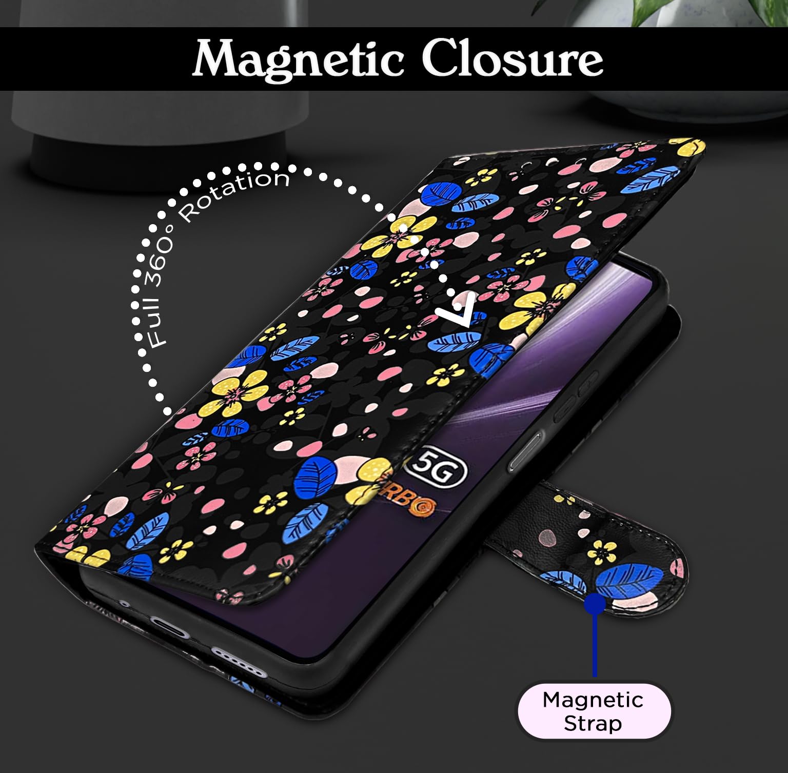 Pikkme black flower Wallet flip case for Vivo T4x/iQOO Z10x/Y31 Pro 5G – photo 6