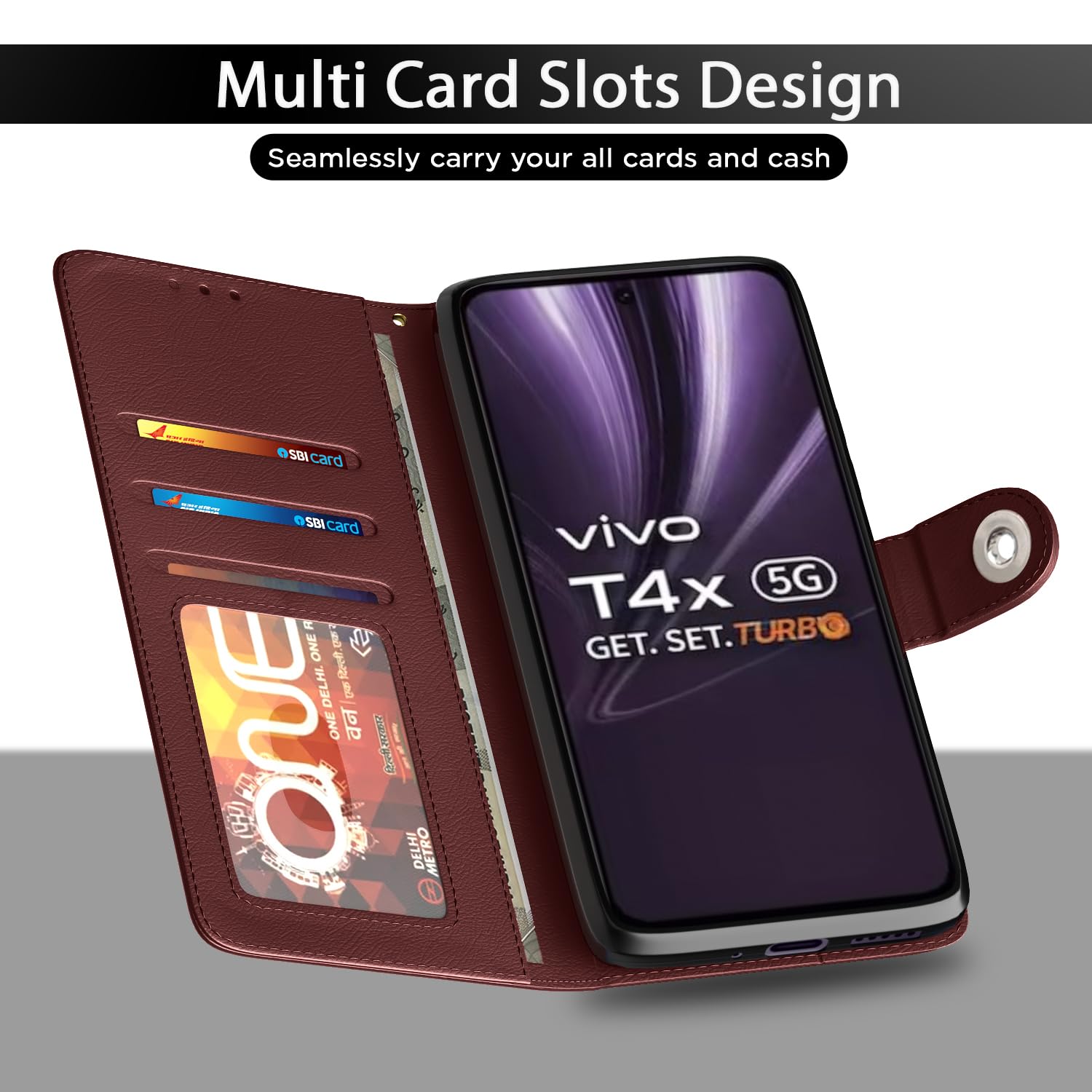 Vivo T4x/iQOO Z10x/Y31 Pro 5G Button wallet flip cover in brown by Pikkme – photo 5