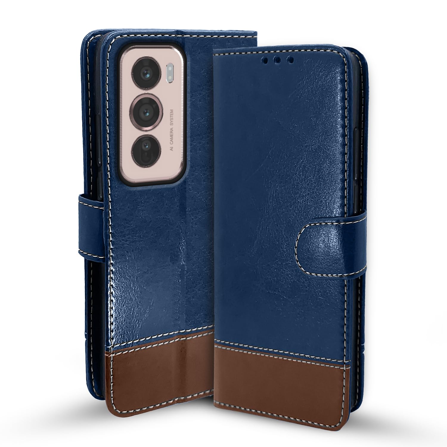 Oppo Reno 12 5G Magnetic mobile flip cover in blue & brown by Pikkme