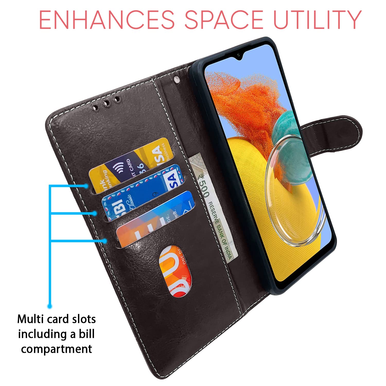 Pikkme Samsung Galaxy M14 5G Constrast Flip Cover | Coffee & Brown