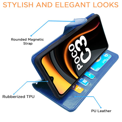 Pikkme Poco C3 Vintage Flip Cover (Blue)