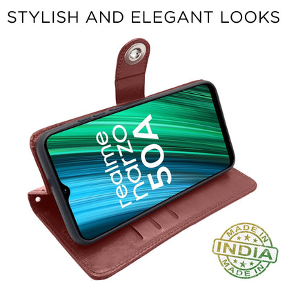 Realme Narzo 50A Button wallet flip cover in brown by Pikkme – photo 5