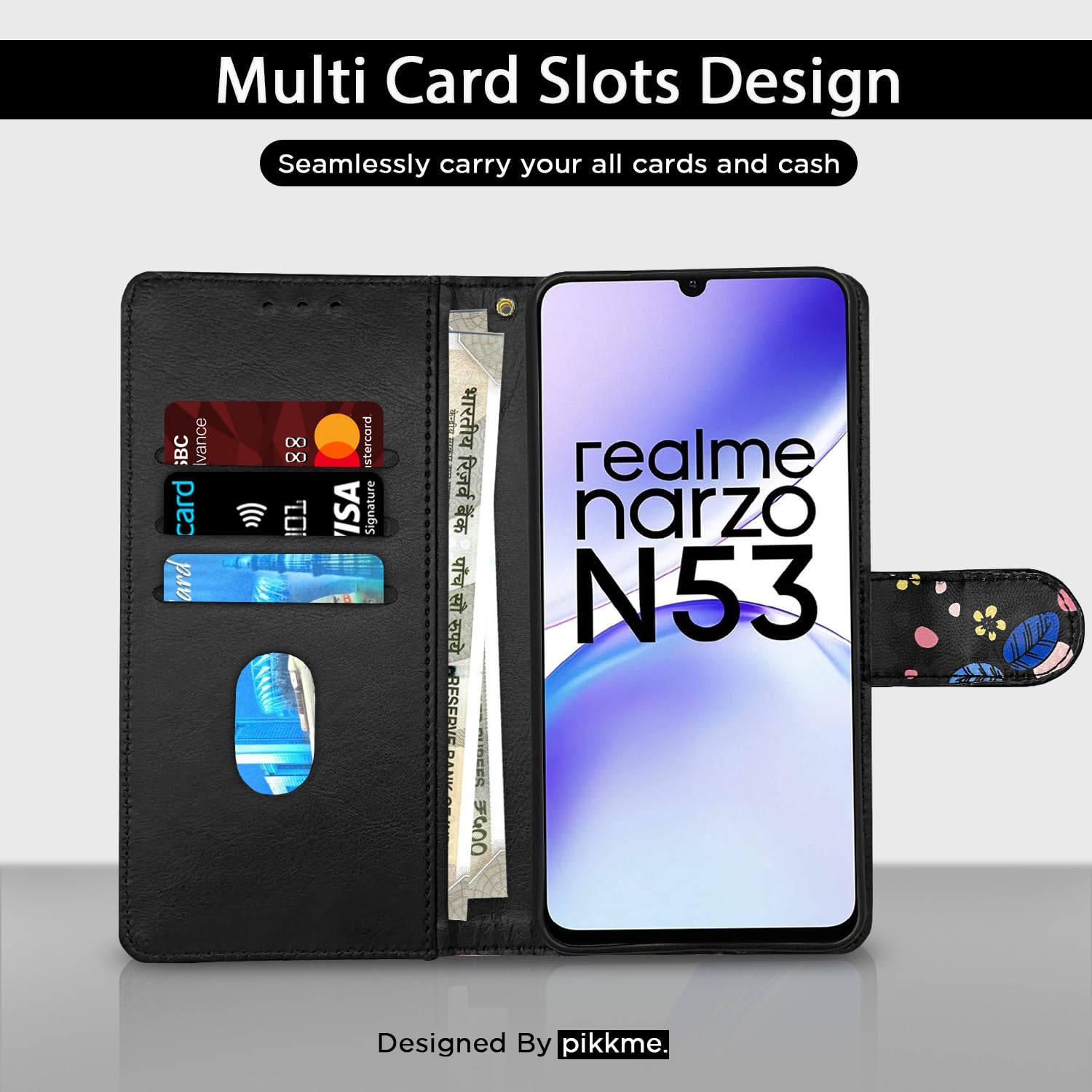 Black flower Wallet wallet flip cover for Realme Narzo N53 – Pikkme – photo 3