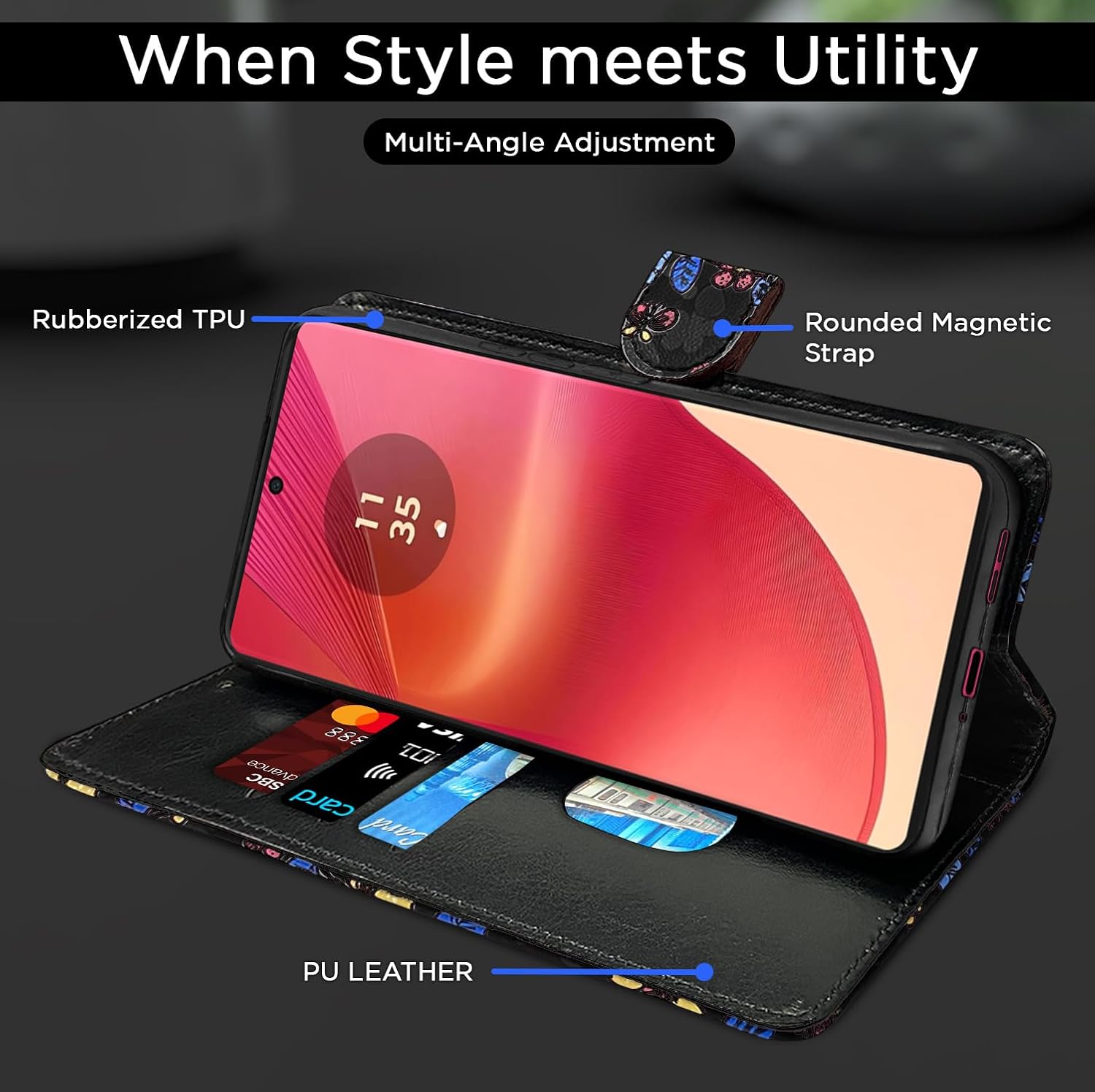 Pikkme Moto Edge 50 Fusion 5G Flower Flip Cover (Black)