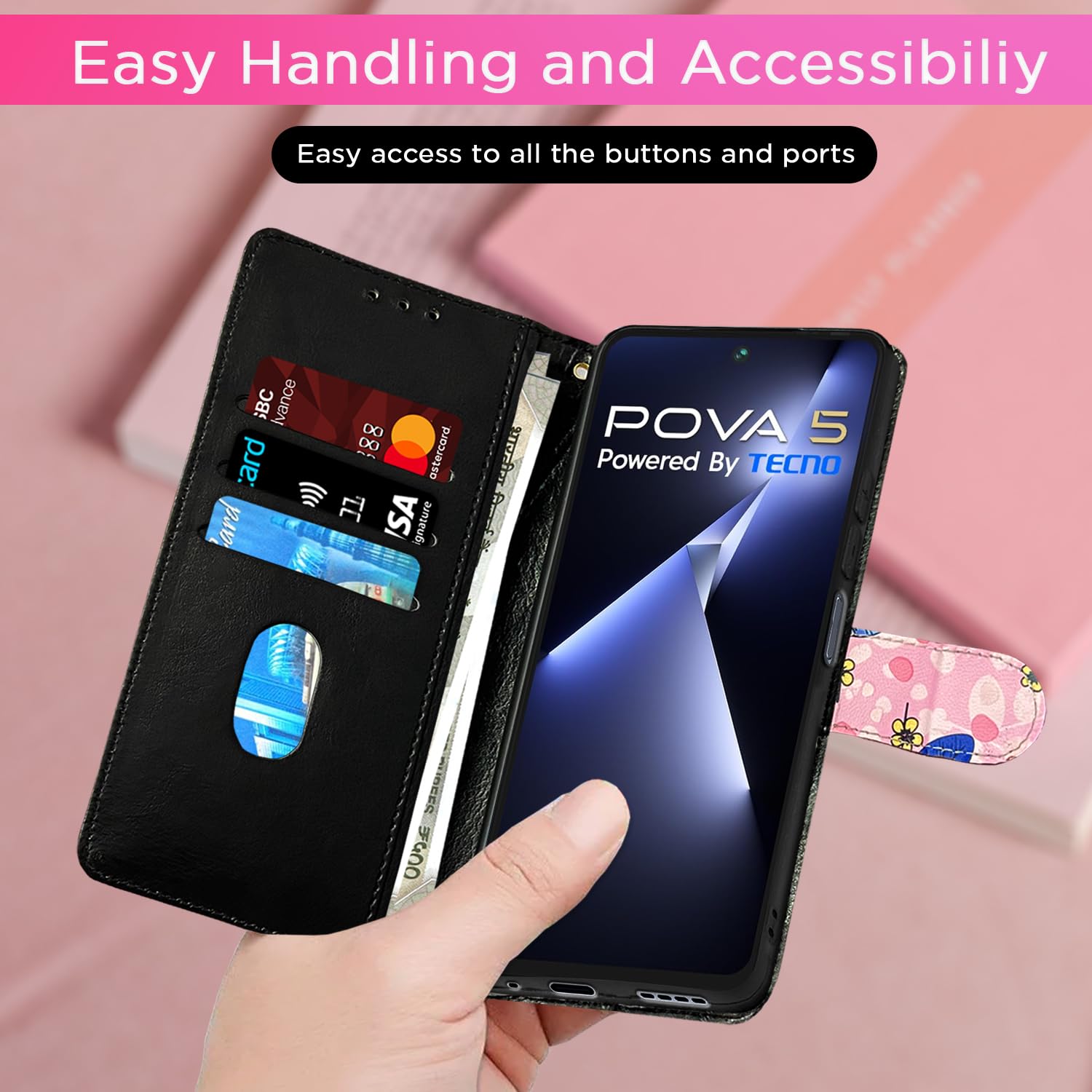 Pikkme Tecno Pova 5/Pova 5 Pro 5G Wallet pink flower wallet flip cover – photo 4