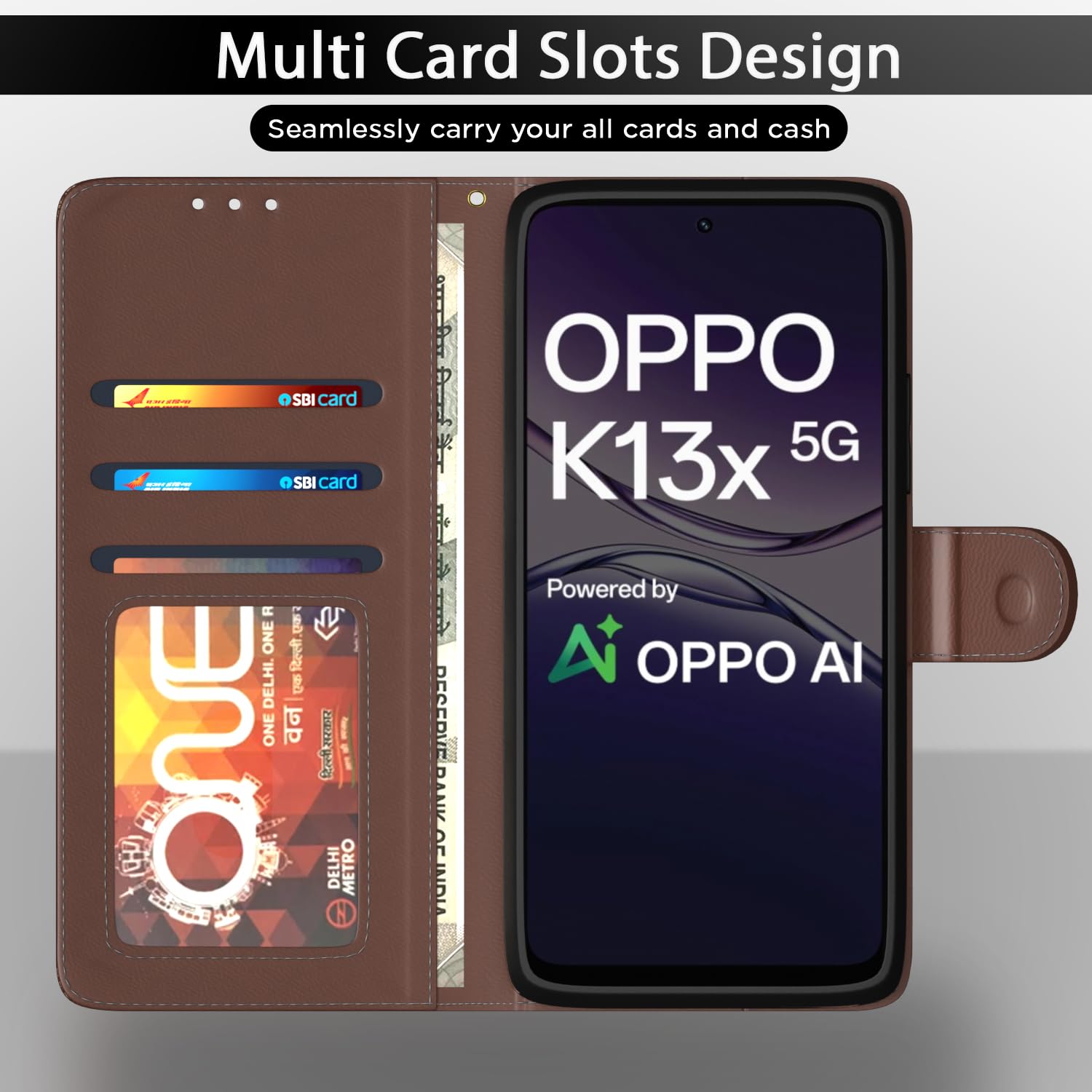 Oppo K13x 5G Wallet mobile flip cover in tan by Pikkme – photo 5