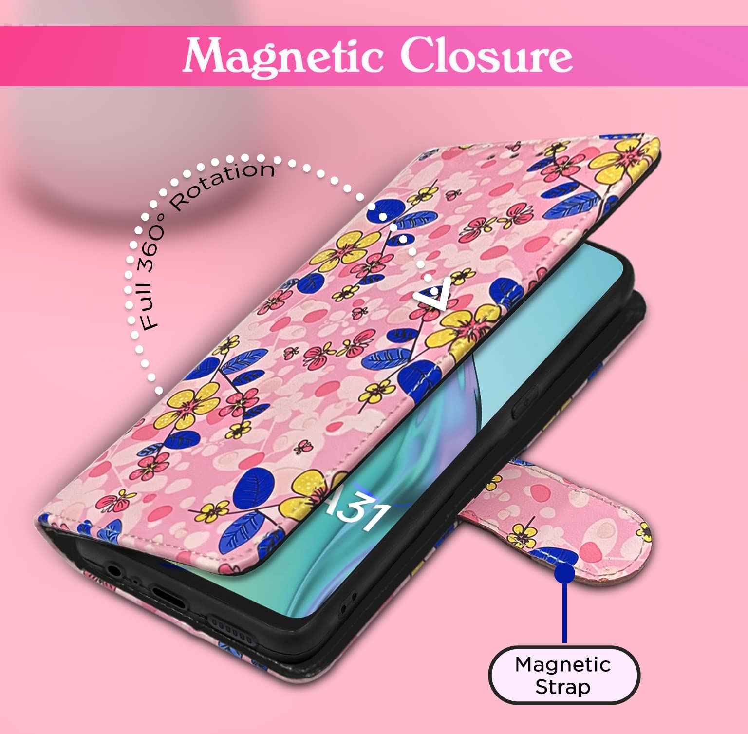 Oppo A31 Wallet flip cover in pink flower by Pikkme – photo 3
