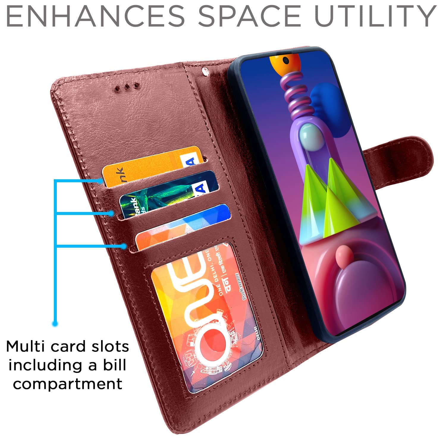 Samsung M51 Wallet flip cover in brown by Pikkme – photo 3