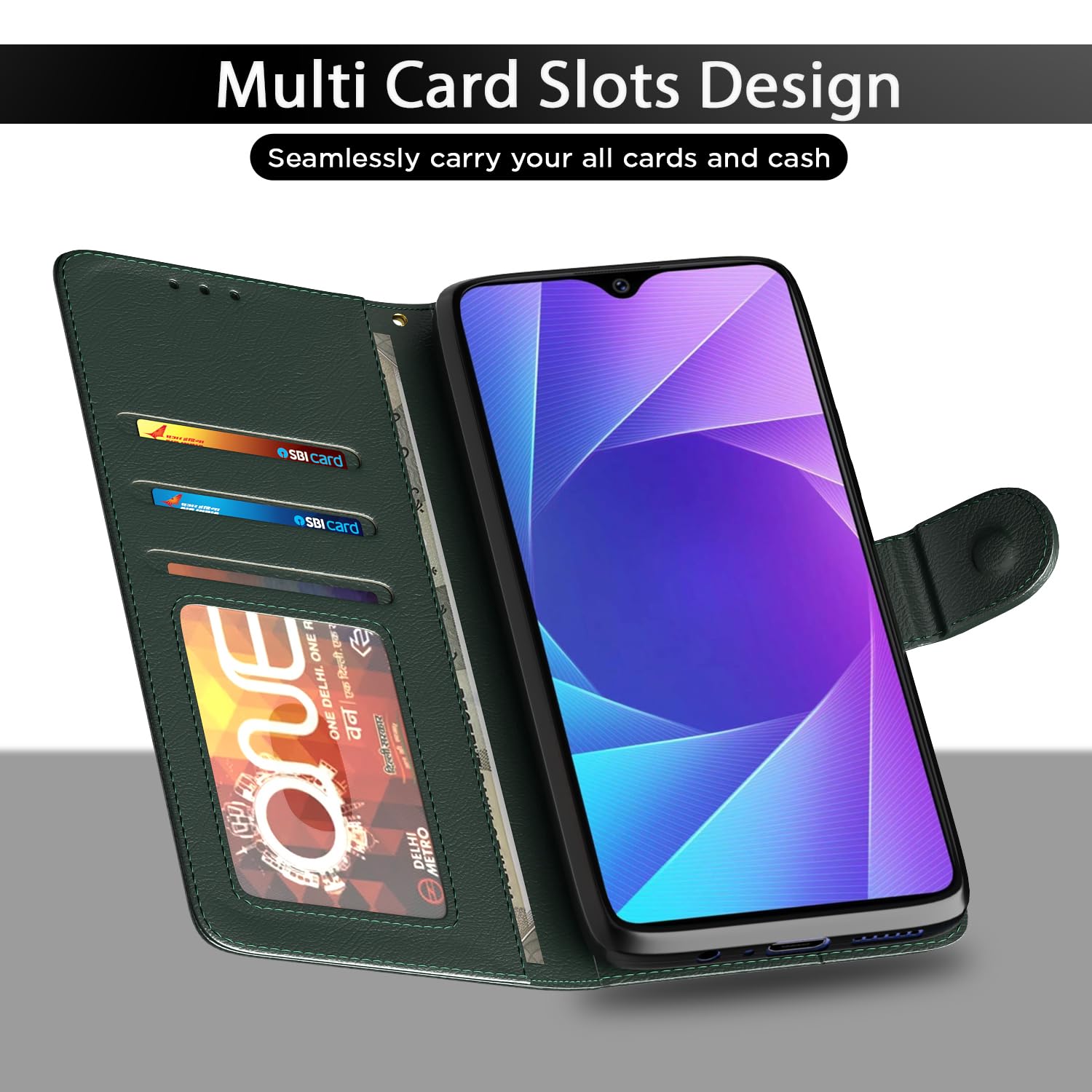 Vivo Y91/Y93/Y95 wallet flip cover in green by Pikkme – photo 5