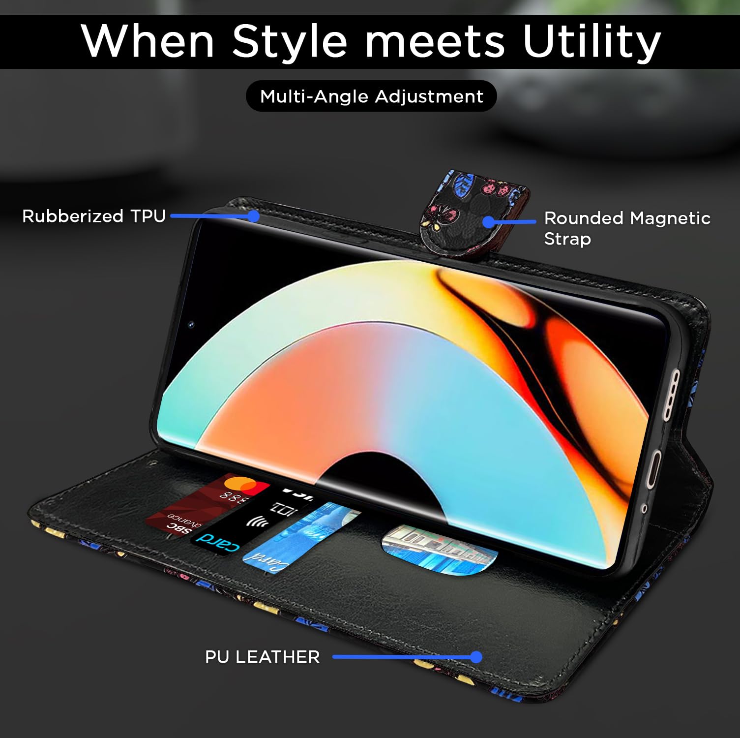 Pikkme Realme 10 Pro Plus 5G Wallet black flower mobile flip cover – photo 5