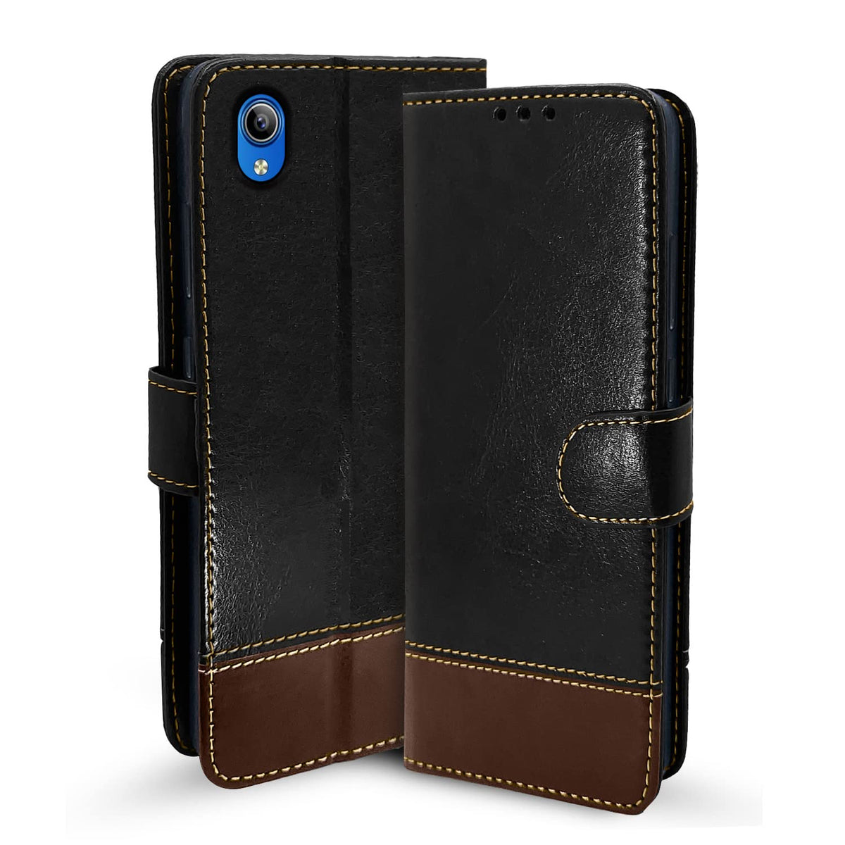 Vivo Y91i wallet flip cover in black & brown by Pikkme