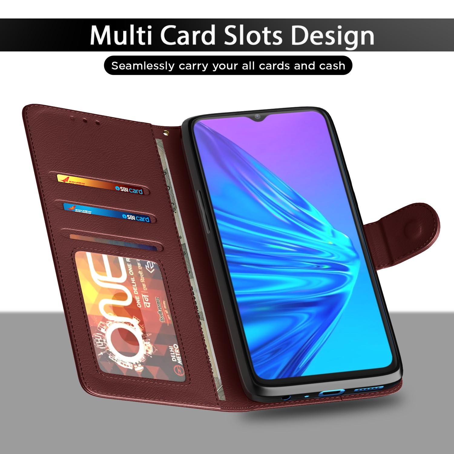 Pikkme brown Wallet mobile flip cover for RealMe 5/5s/5i – photo 5
