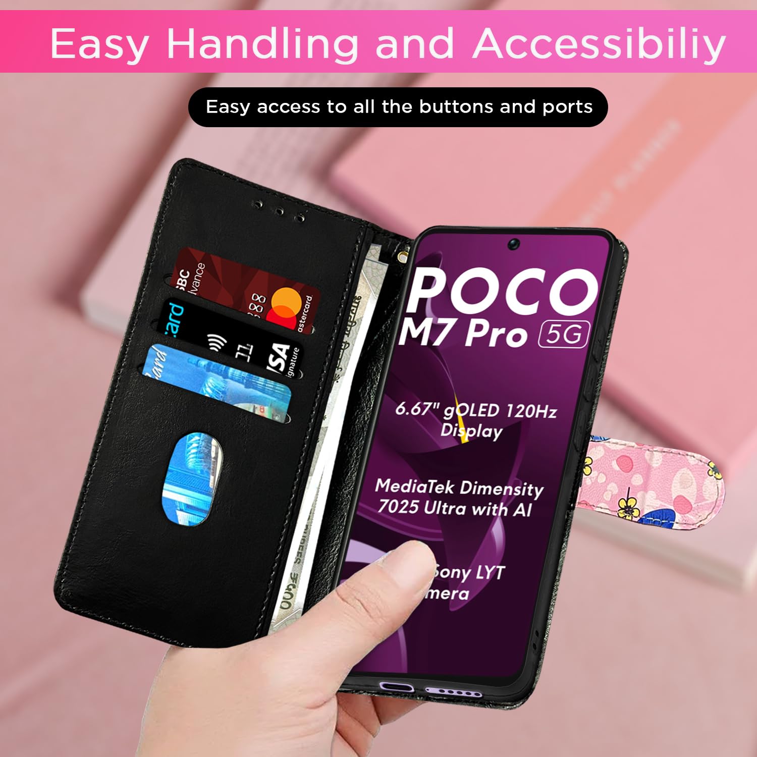 Pink flower Wallet flip cover for POCO M7 Pro 5G – Pikkme – photo 7