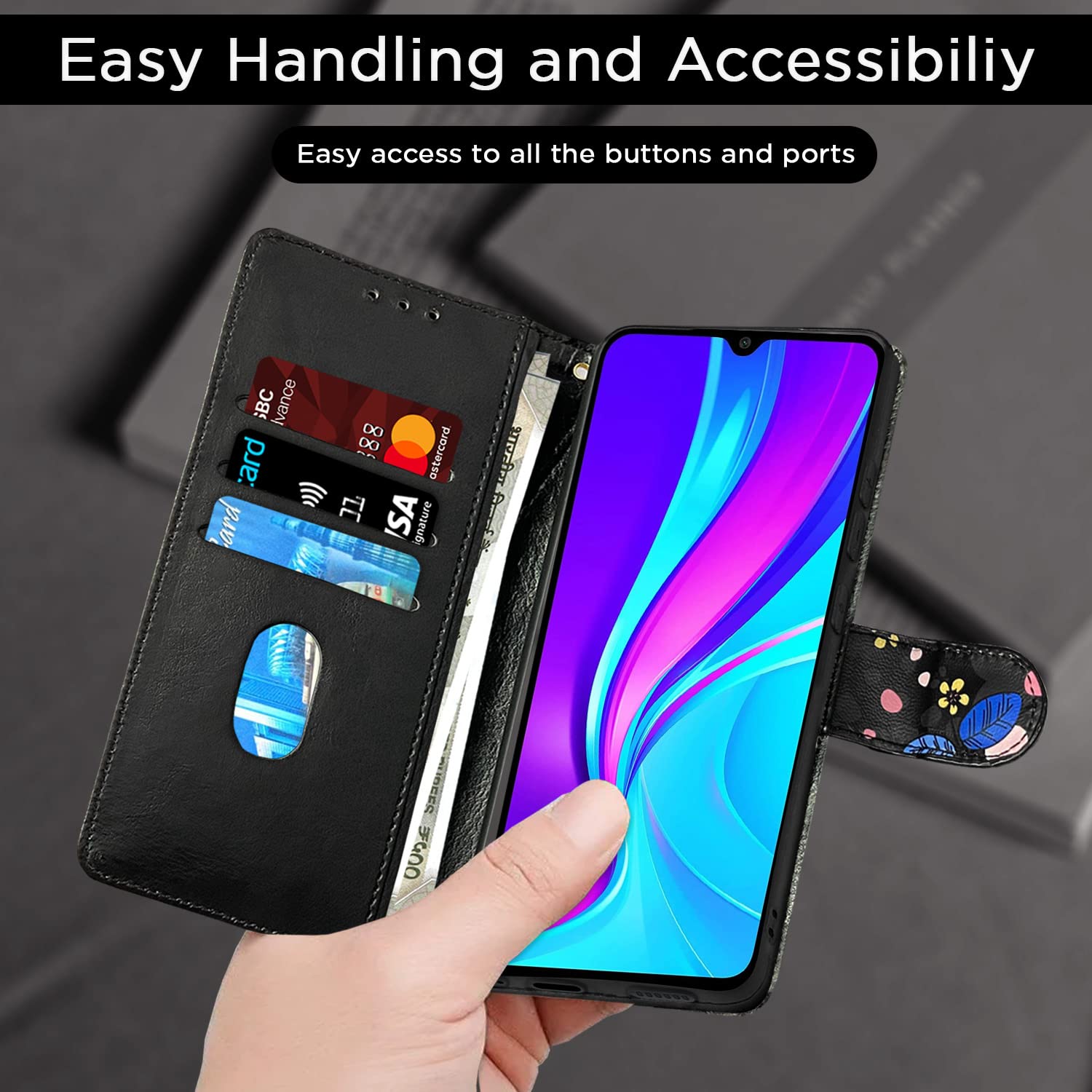 Pikkme Mi Redmi 10A / 10A Sport/Redmi 9 / Redmi 9 Activ / 9C / Poco C31  Flower Flip Cover (Black)