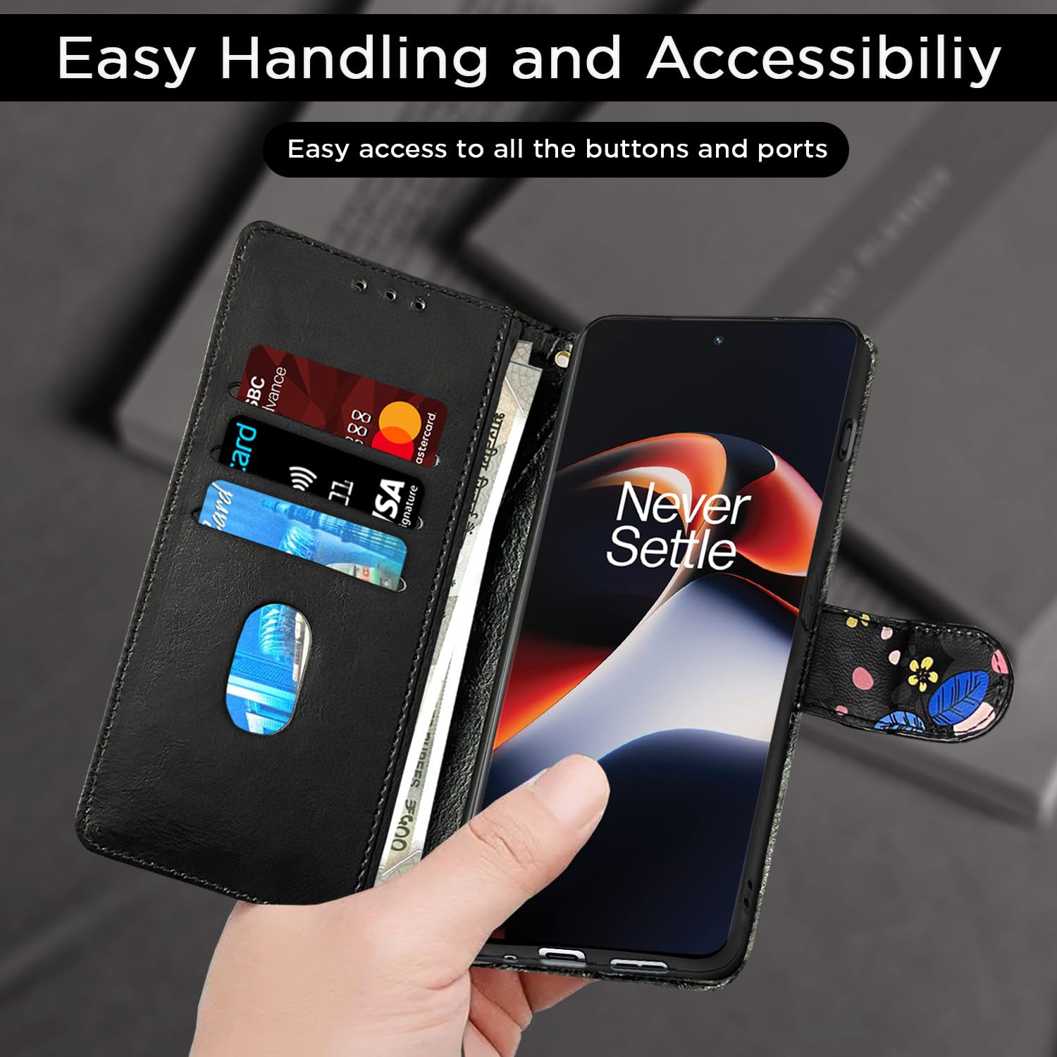 Pikkme OnePlus 11R 5G Wallet black flower wallet flip cover – photo 7
